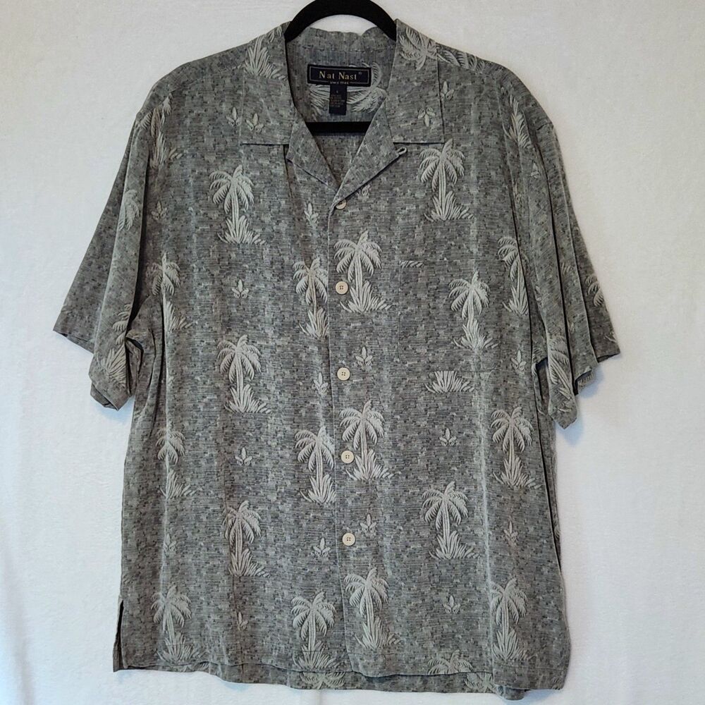 Nat Nast Men's L Gray Silk Short Sleeve Button Up Shirt Textured Subtle Palm